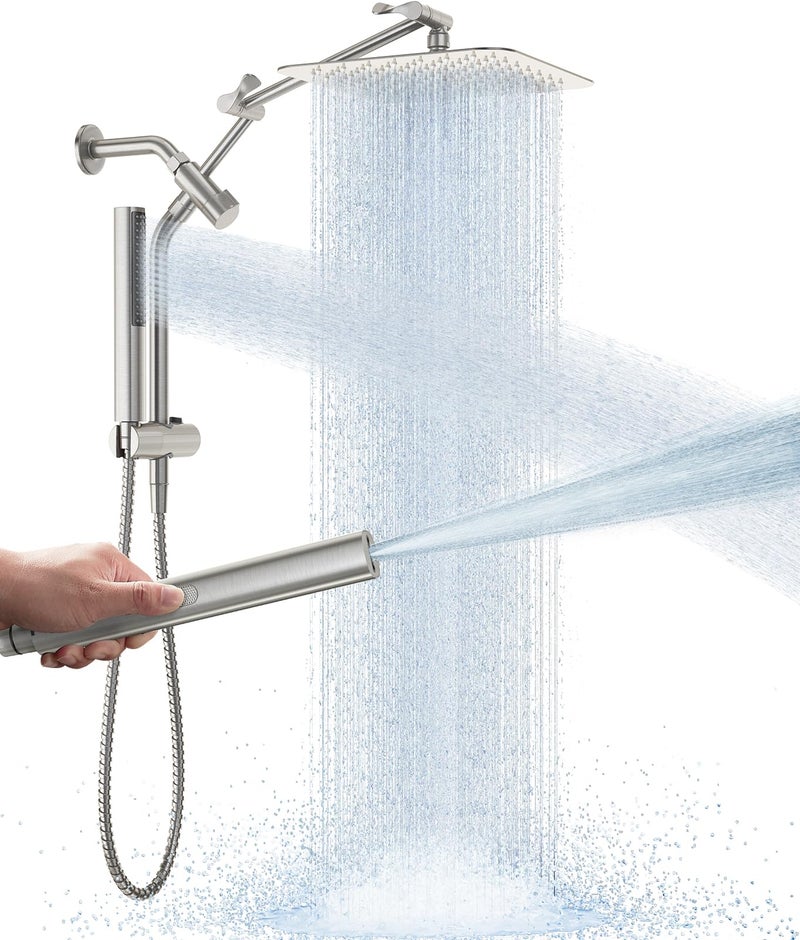 Veken All Metal 10" Brushed Nickel Shower Head with Handheld, Luxurious Square High Pressure Double Rain Shower Heads with Power-wash Hand Held, Dual Detachable Rainfall Showerhead,Bathroom Upgrade - Image 1