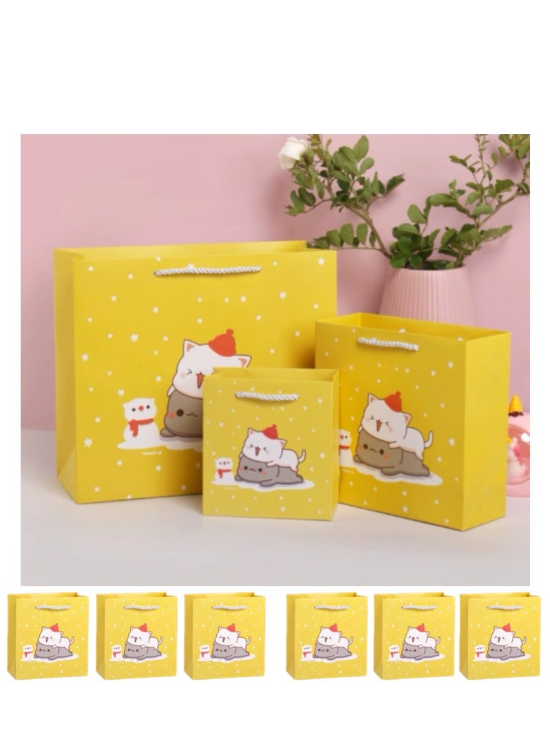 10 قطع من حقائب التسوق الفاخرة، حقائب هدايا عيد ميلاد رائعة، تغليف تذكاري بمقبض من الورق المقوى الأبيض بنمط كرتوني أصفر - Image 1