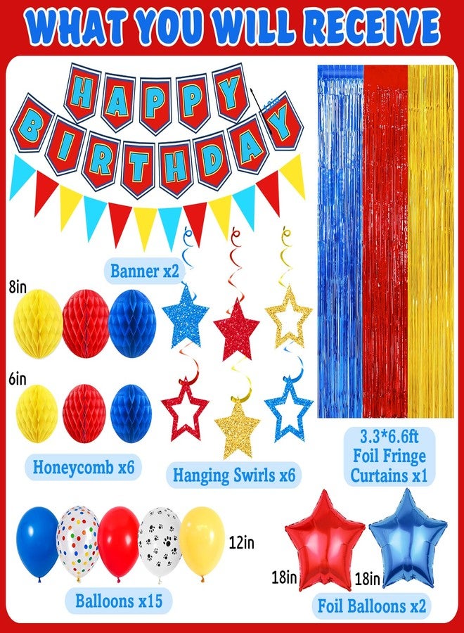 Bolake Happy Birthday Decorations for Boys Men Red and Blue Puppy Birthday Party Supplies Include Happy Birthday Banner Paper Pompoms Fringe Curtain Paw Balloons Hanging Swirls Puppy Dog Birthday Party Decorations - Image 2