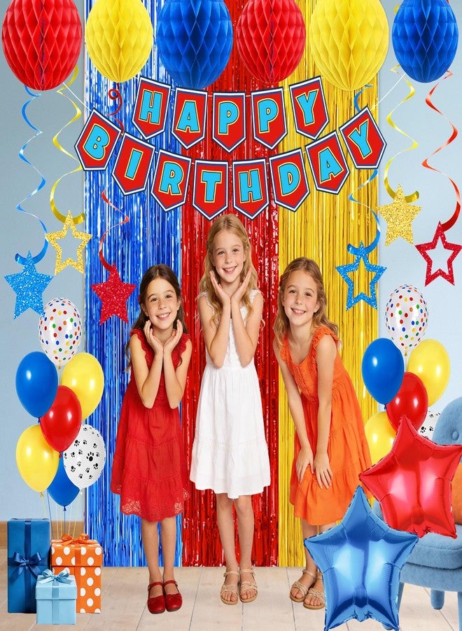 Bolake Happy Birthday Decorations for Boys Men Red and Blue Puppy Birthday Party Supplies Include Happy Birthday Banner Paper Pompoms Fringe Curtain Paw Balloons Hanging Swirls Puppy Dog Birthday Party Decorations - Image 3