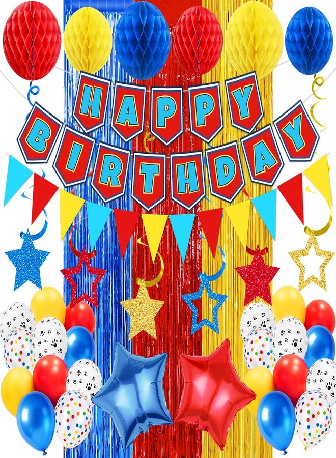 Bolake Happy Birthday Decorations for Boys Men Red and Blue Puppy Birthday Party Supplies Include Happy Birthday Banner Paper Pompoms Fringe Curtain Paw Balloons Hanging Swirls Puppy Dog Birthday Party Decorations - Image 1