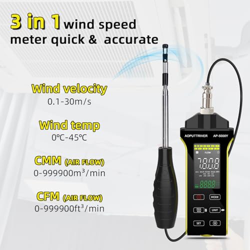 AOPUTTRIVER Anemometer Handheld, HVAC Wind Meter Hot Wire Anemometer with Telescopic Probe,Measures Airflow and Temperature in CFM/CMM Air Flow Velocity, Professional Airflow Meter for HVAC Cone Duct-AP-5000Y - Image 4