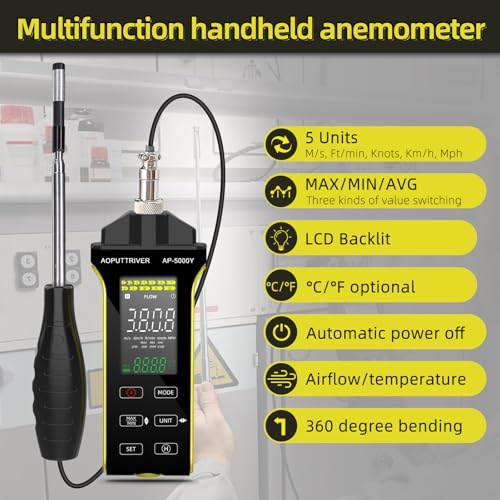 AOPUTTRIVER Anemometer Handheld, HVAC Wind Meter Hot Wire Anemometer with Telescopic Probe,Measures Airflow and Temperature in CFM/CMM Air Flow Velocity, Professional Airflow Meter for HVAC Cone Duct-AP-5000Y - Image 5