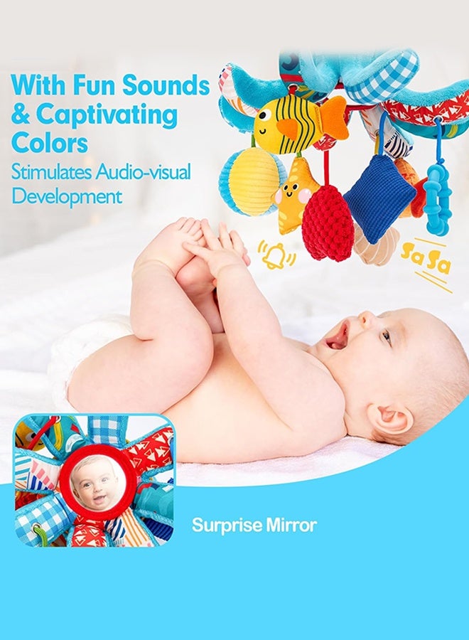 Organizer Baby Stroller Rattle Pendant, Car Seat Toys For Babies 0-6 Months, Car Seat Toys Octopus Toy with Pulling Cords, Squeaky, Crinkle, Rattle, Mirror, Montessori Newborn Sensory 4 Month Babies Gift Stroller Carseat Hanging Toy for Baby Gym - Image 3