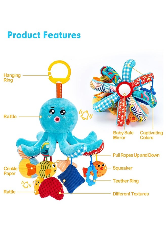 Organizer Baby Stroller Rattle Pendant, Car Seat Toys For Babies 0-6 Months, Car Seat Toys Octopus Toy with Pulling Cords, Squeaky, Crinkle, Rattle, Mirror, Montessori Newborn Sensory 4 Month Babies Gift Stroller Carseat Hanging Toy for Baby Gym - Image 5