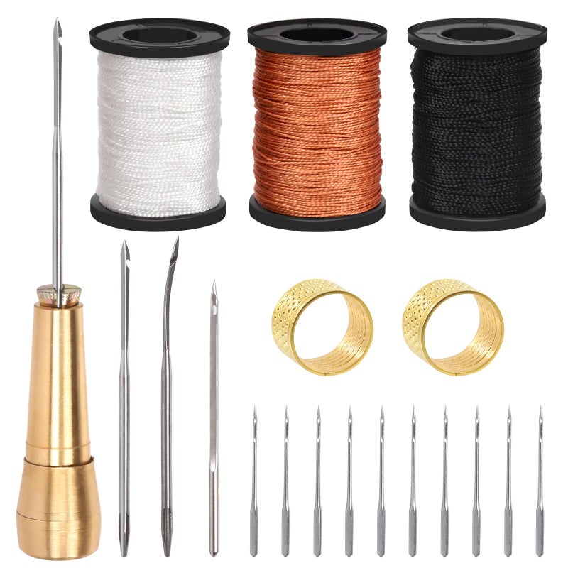 Swpeet 19Pcs Portable Canvas Leather Sewing Awl and Needle Kit With Nylon Waxed Cord Thread Thimble Assortment Copper Handle Tools for Leather Shoe and Repair - Image 2
