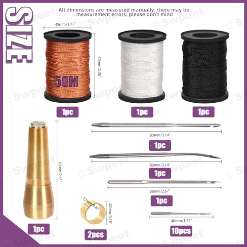 Swpeet 19Pcs Portable Canvas Leather Sewing Awl and Needle Kit With Nylon Waxed Cord Thread Thimble Assortment Copper Handle Tools for Leather Shoe and Repair - Image 3
