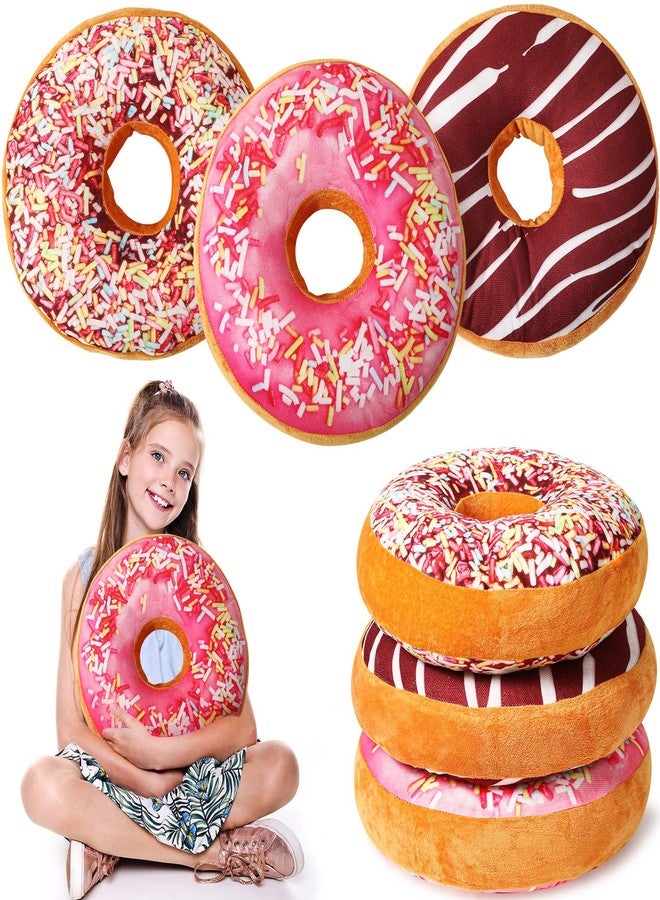 Queekay Round Throw Pillow 3 Pcs 16 Inch Chocolate Donut Pillow Plush Soft Food Pillow 3D Digital Print Stuffed Ear Piercing Pillow Decorative Light Weight Seat Pad Cushion for Chair Floor Couch Sofa (Cute) - Image 1