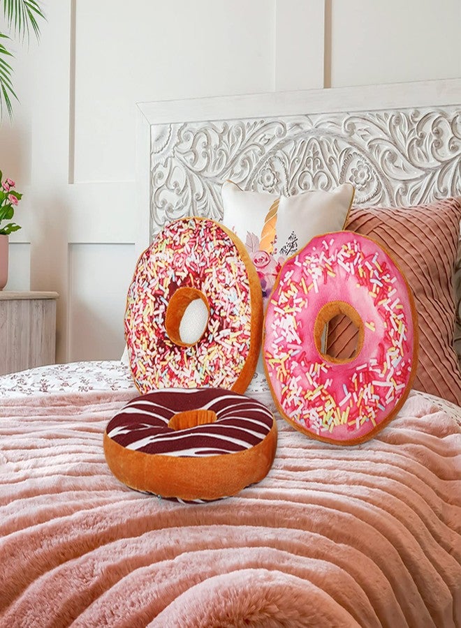 Queekay Round Throw Pillow 3 Pcs 16 Inch Chocolate Donut Pillow Plush Soft Food Pillow 3D Digital Print Stuffed Ear Piercing Pillow Decorative Light Weight Seat Pad Cushion for Chair Floor Couch Sofa (Cute) - Image 3