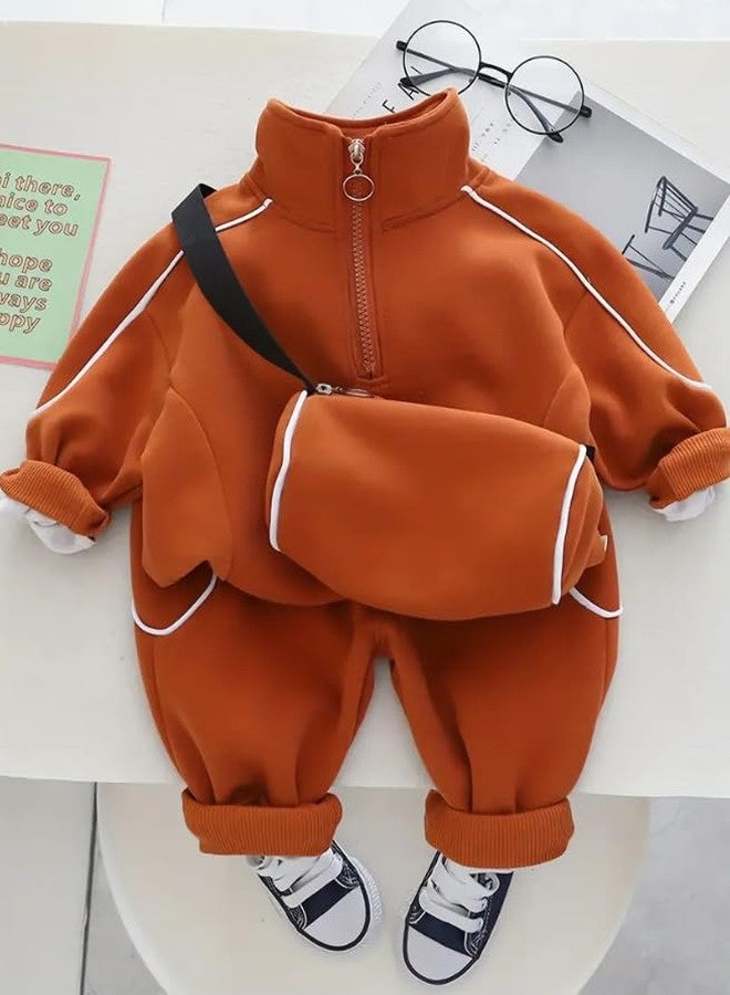 Ameeha Boys and Girls Trendy Sports Casual Outfits, Toddler Baby's Zip Up Stand Collar Sweatshirt Pants Set With Free Sling Bag (IN, Age, 4 Years, 5 Years, Coffee) - Image 3