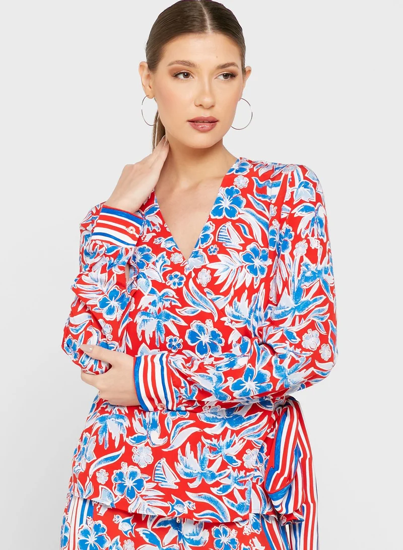 TOMMY HILFIGER V-Neck Tie Detail Printed Top