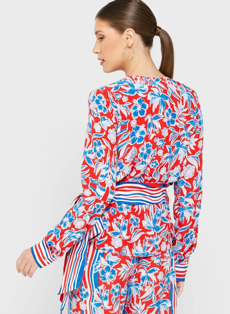 TOMMY HILFIGER V-Neck Tie Detail Printed Top