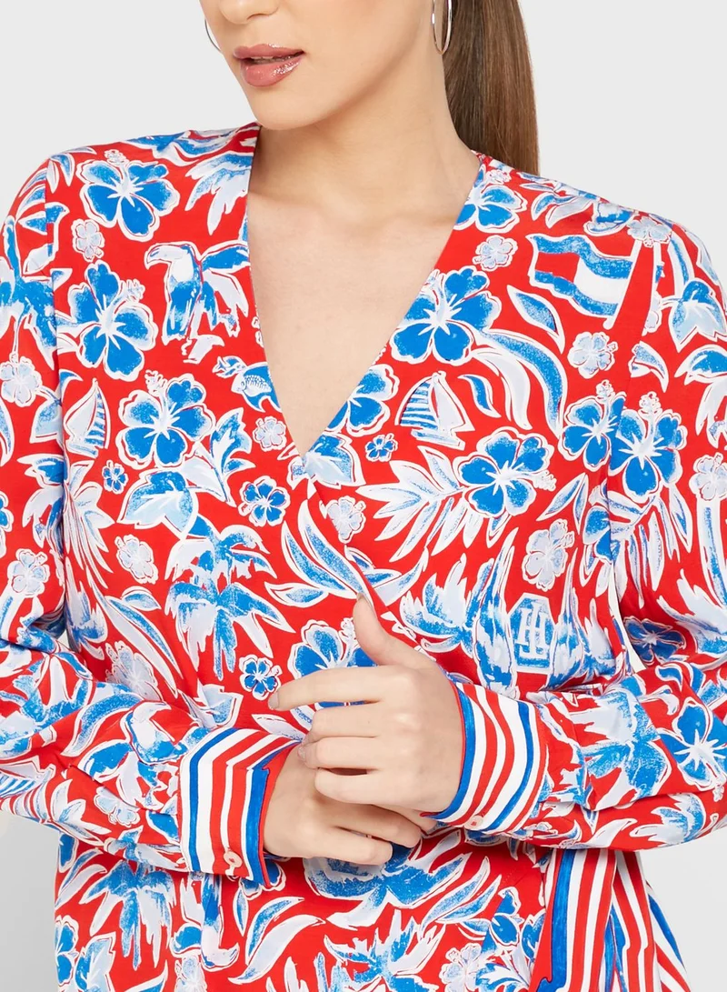 TOMMY HILFIGER V-Neck Tie Detail Printed Top