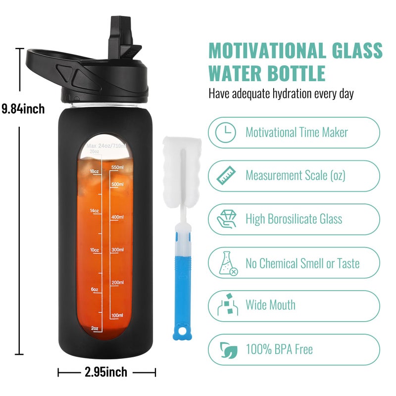 CIVAGO 24 oz Glass Water Bottle with Straw and Handle, Large Sports Motivational Water Bottle Flask with Time Marker and 2 Lids, Leakproof Jug Canteen with Silicone Sleeve for Gym, Navy Blue - Image 4