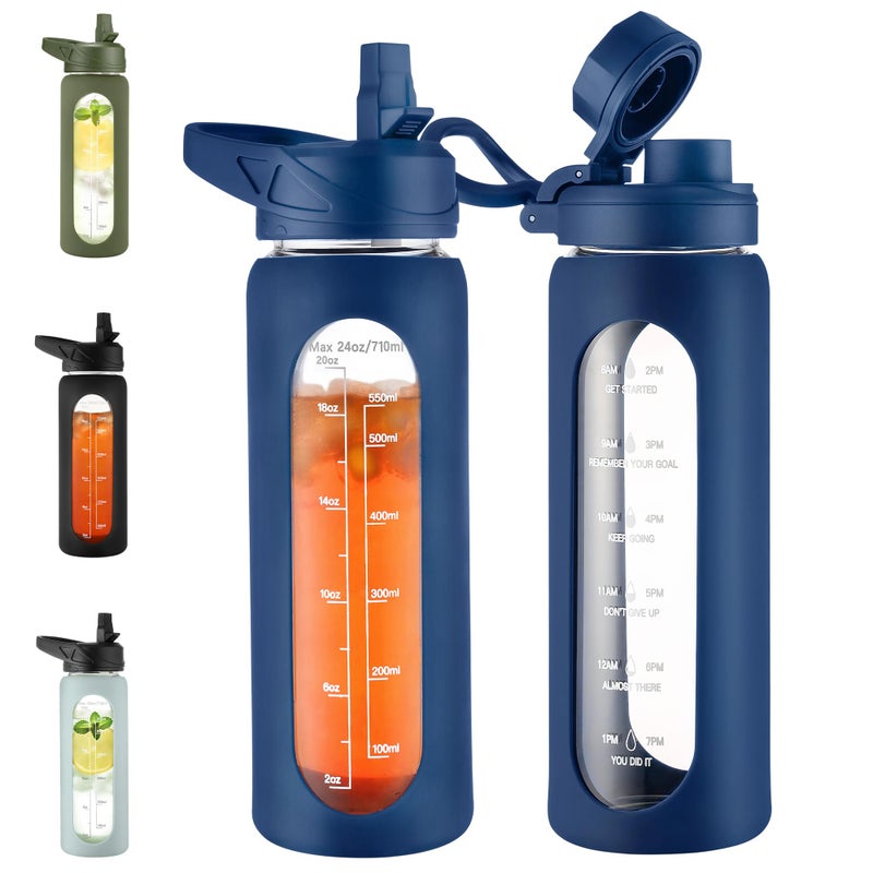CIVAGO 24 oz Glass Water Bottle with Straw and Handle, Large Sports Motivational Water Bottle Flask with Time Marker and 2 Lids, Leakproof Jug Canteen with Silicone Sleeve for Gym, Navy Blue - Image 1