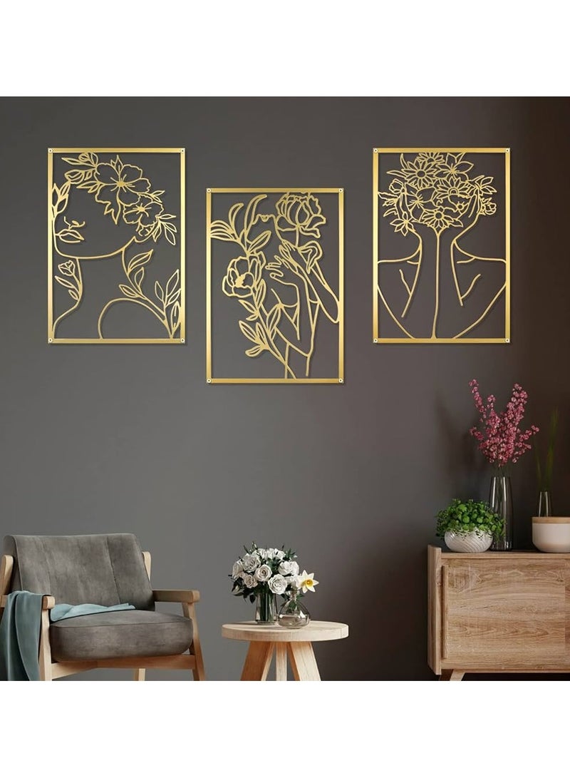 سوليتير 3 عبوات من الذهب لديكور الحائط - فن جداري تجريدي معدني حقيقي بسيط - شكل جسم المرأة الأزهار فن خط واحد - ديكور جمالي للتعليق على الحائط - ديكور لهجة ذهبية لغرفة المعيشة وغرفة النوم - Image 1