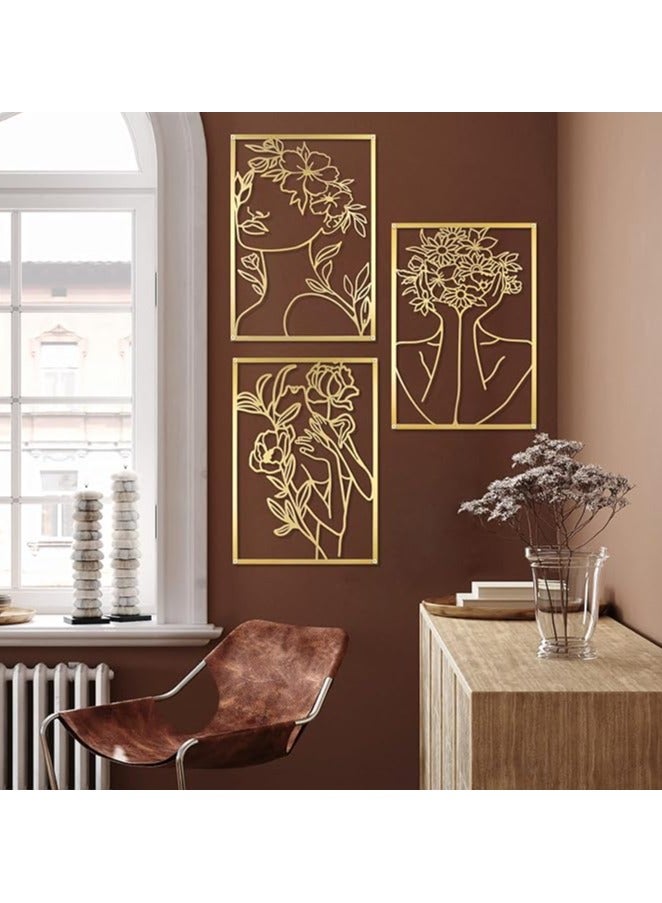 سوليتير 3 عبوات من الذهب لديكور الحائط - فن جداري تجريدي معدني حقيقي بسيط - شكل جسم المرأة الأزهار فن خط واحد - ديكور جمالي للتعليق على الحائط - ديكور لهجة ذهبية لغرفة المعيشة وغرفة النوم - Image 3