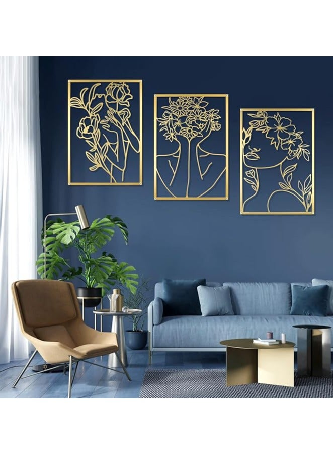 سوليتير 3 عبوات من الذهب لديكور الحائط - فن جداري تجريدي معدني حقيقي بسيط - شكل جسم المرأة الأزهار فن خط واحد - ديكور جمالي للتعليق على الحائط - ديكور لهجة ذهبية لغرفة المعيشة وغرفة النوم - Image 2