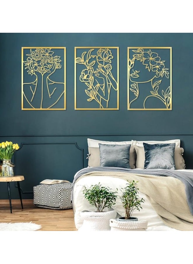 سوليتير 3 عبوات من الذهب لديكور الحائط - فن جداري تجريدي معدني حقيقي بسيط - شكل جسم المرأة الأزهار فن خط واحد - ديكور جمالي للتعليق على الحائط - ديكور لهجة ذهبية لغرفة المعيشة وغرفة النوم - Image 4