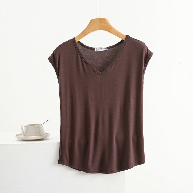 Summer Thin Modal Sleeveless T-Shirt Women's V Neck Small Sleeve Top Loose Large Size Vest Casual Pure Color Bottoming Shirt - Image 3