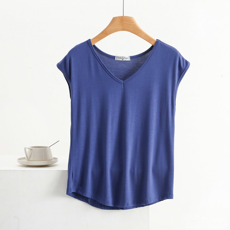 Summer Thin Modal Sleeveless T-Shirt Women's V Neck Small Sleeve Top Loose Large Size Vest Casual Pure Color Bottoming Shirt - Image 1
