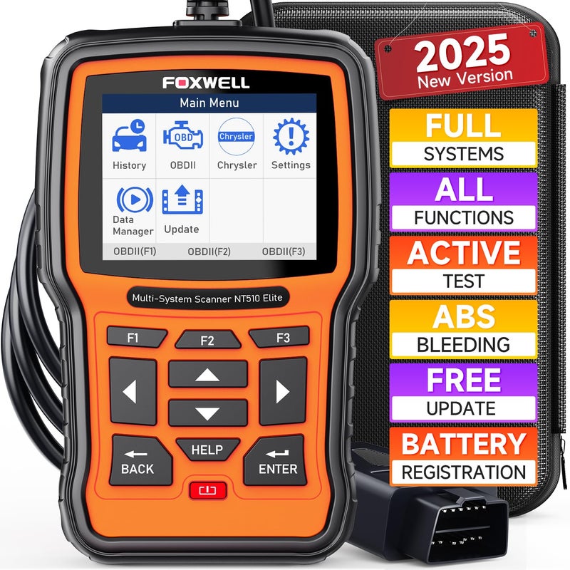 FOXWELL NT510 Elite fit for Chrysler Jeep Dodge Scan Tool All System OBD2 Scanner Bidirectional Diagnostic Tool All Maintenance Car Code Reader with ABS Bleeding TPMS Battery Registration Reset Tool