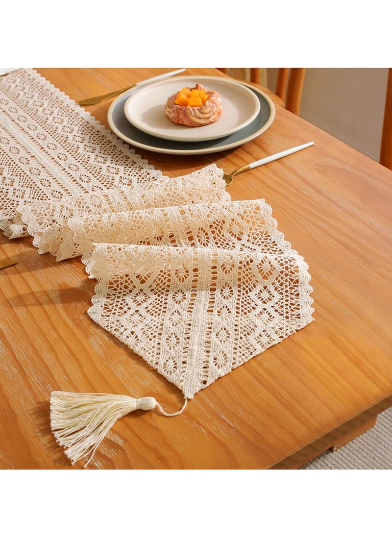 Generic Cotton Lace Boho Table Runner, Table Runner Farmhouse Style, Mesh Woven Table Runner with Tassels for Dining Table Wedding Bridal Party  - Image 1