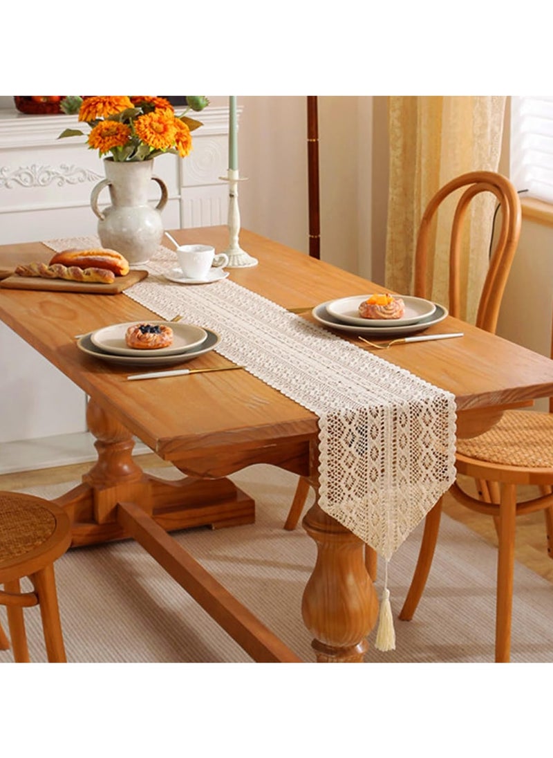 Generic Cotton Lace Boho Table Runner, Table Runner Farmhouse Style, Mesh Woven Table Runner with Tassels for Dining Table Wedding Bridal Party  - Image 3
