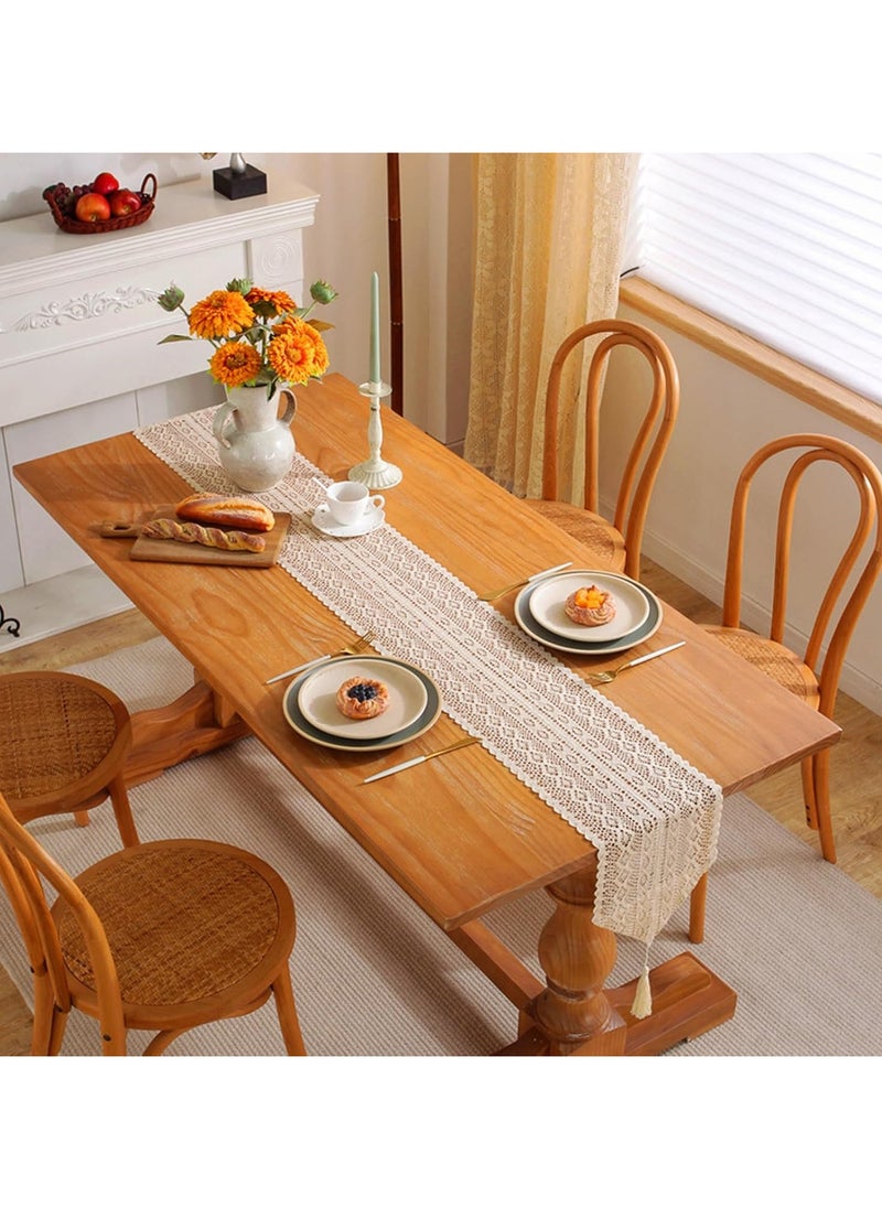 Generic Cotton Lace Boho Table Runner, Table Runner Farmhouse Style, Mesh Woven Table Runner with Tassels for Dining Table Wedding Bridal Party  - Image 4