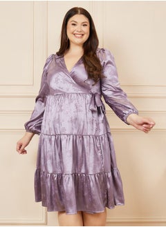 Styli Plus Size Satin Jacquard Wrap Midi Dress  - Image 5