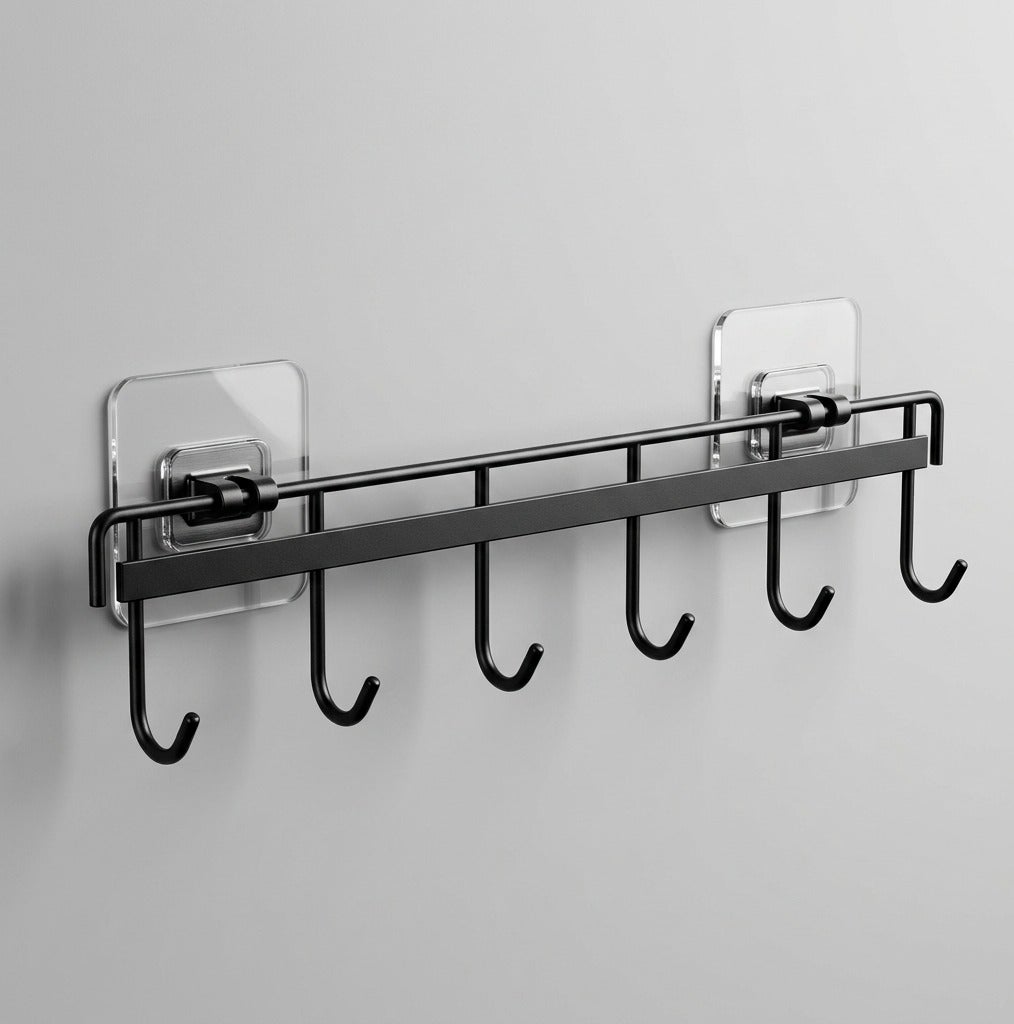 Dunekart Adhesive Kitchen Utensil Rack - No Drilling Wall Mount Organizer with Hooks - Space Saving Tool Holder for Bathroom Camper Black