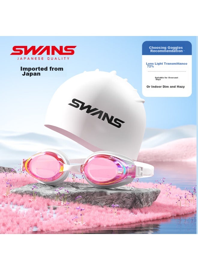Swans Swimming Goggles, Imported From Japan, Waterproof, Anti-fog, High-definition Swim Cap Set, Myopia Swimming Gl, Diving Equipment, Coated In Pink And White - Image 1