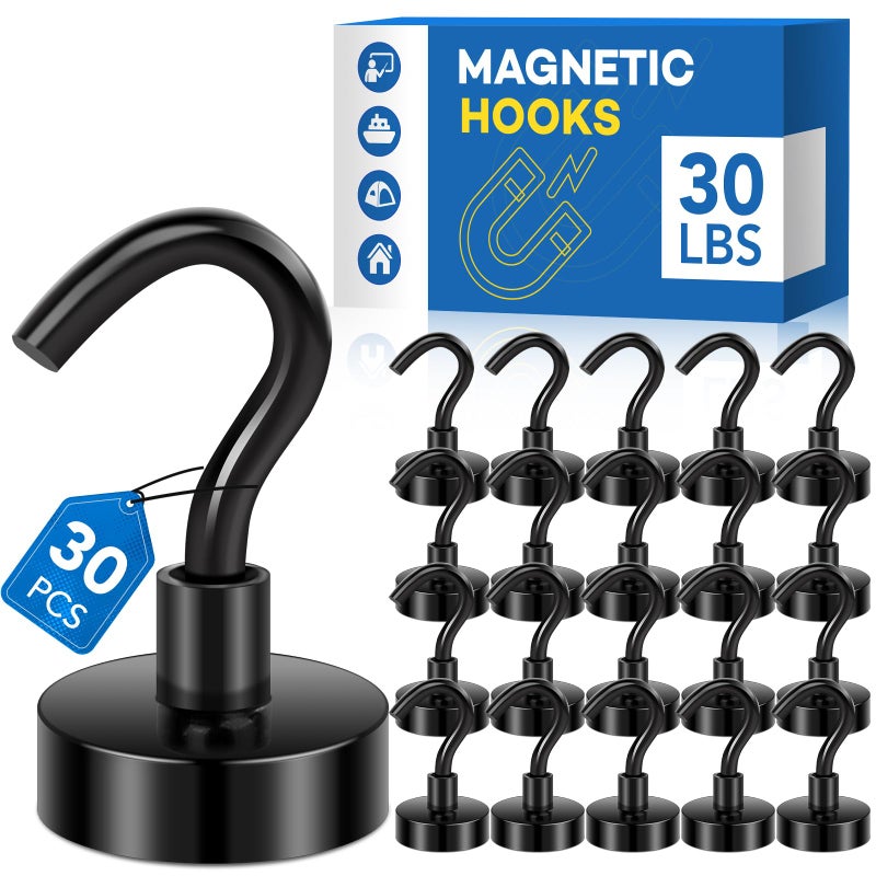 LOVIMAG Magnetic Hooksï¼Œ30Lbs Magnets with Hooks for Cruise, Black Magnetic Hooks for Hanging, Fridge, Classroom, Refrigerator, Ceiling, Office, Kitchen. Grill, Garage-30Pack - Image 1