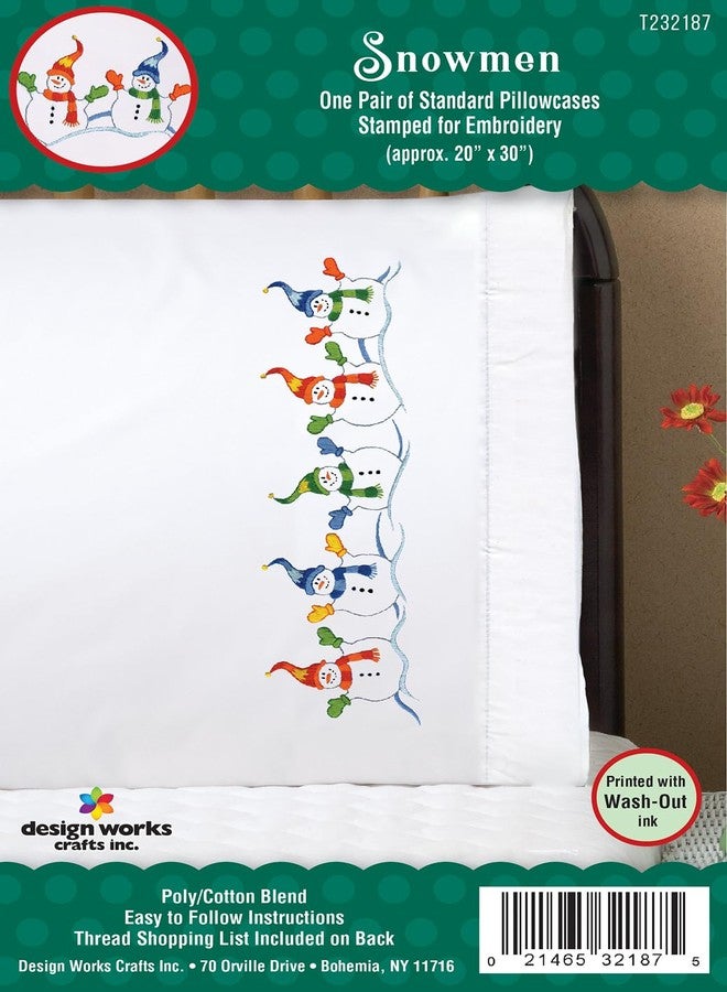 DesignWorks Ink Design Works Crafts Tobin Stamped Pillowcases, Snowman Row, 20" x 30" Embroidery Kit, white - Image 2