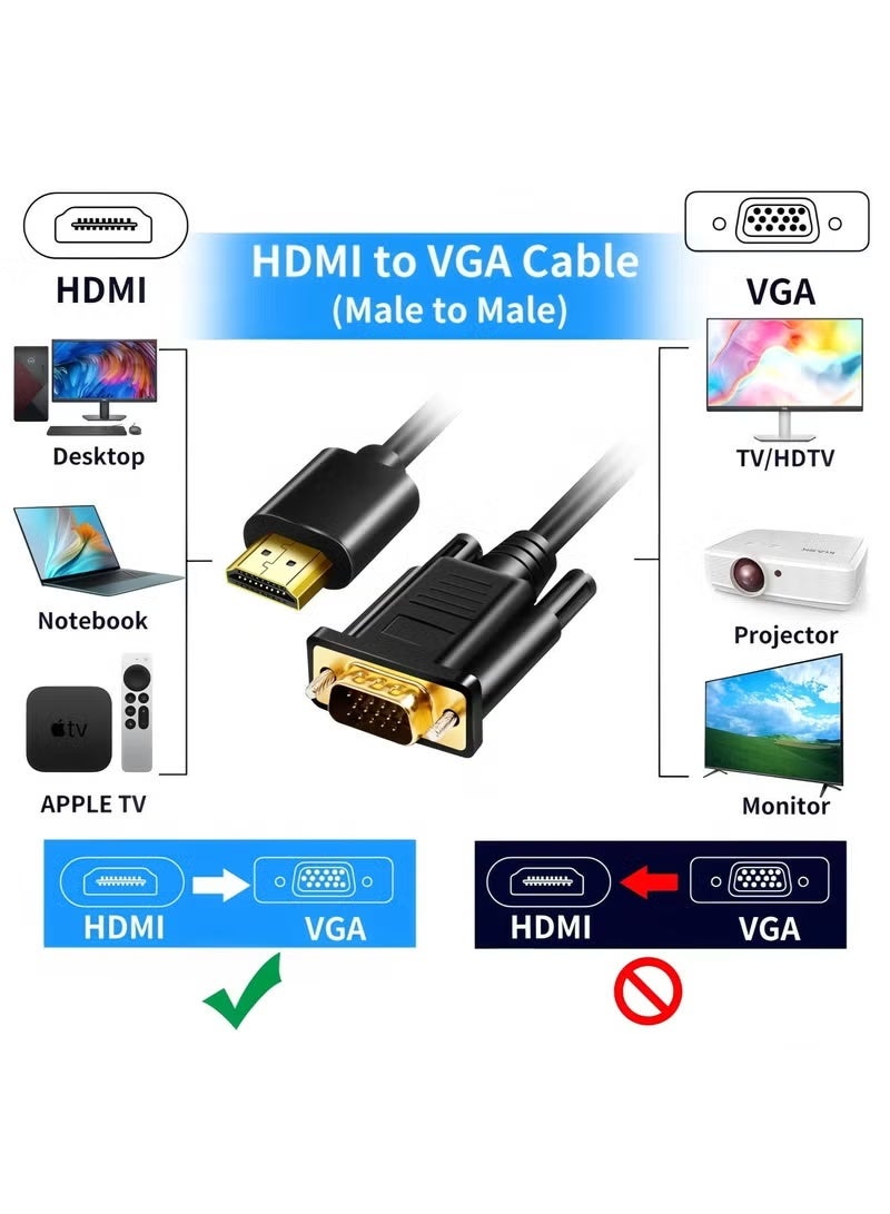 زيفيك كابل محول HDMI إلى VGA بطول 1.8 متر، مطلي بالذهب، بدقة 1080 بكسل، كابل محول فيديو رقمي HDMI نشط إلى VGA تناظري لأجهزة الكمبيوتر المكتبية، وأجهزة العرض، وأجهزة التلفزيون عالية الدقة، وRaspberry Pi، وRoku، وXbox - Image 2