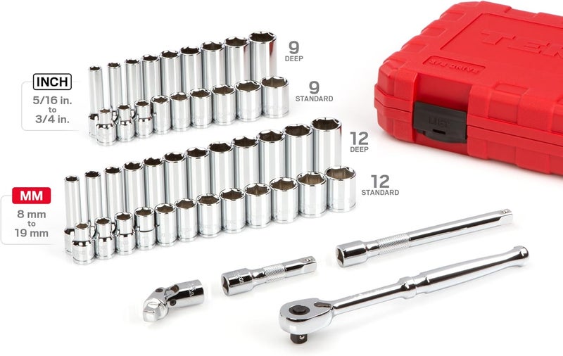 Tekton 3/8 Inch Drive 6-Point Socket and Ratchet Set, 46-Piece (5/16-3/4 in., 8-19 mm) | SKT15301 - Image 3