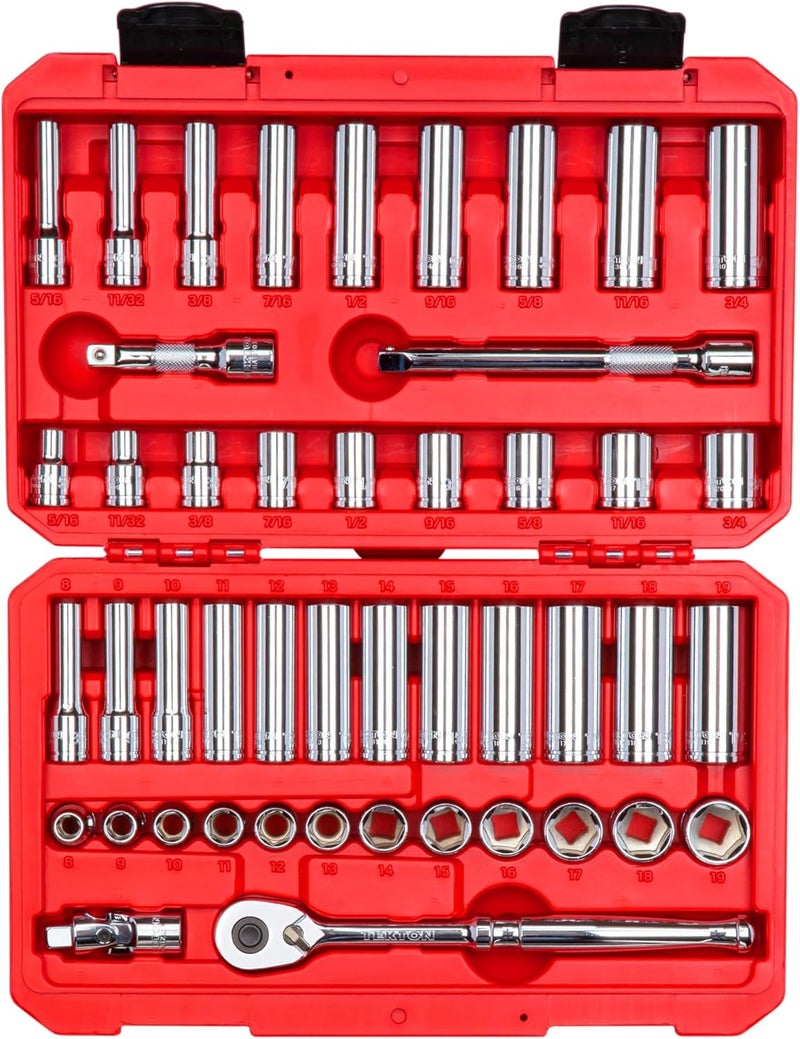 Tekton 3/8 Inch Drive 6-Point Socket and Ratchet Set, 46-Piece (5/16-3/4 in., 8-19 mm) | SKT15301 - Image 1