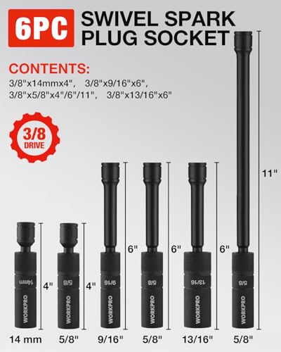 WORKPRO 6-Piece 3/8" Drive Magnetic Spark Plug Socket Set – 12-Point, Includes 9/16", 5/8", 13/16", 14mm Sockets with 4", 6", 11" Extensions for Automotive Repair - Image 2