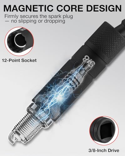 WORKPRO 6-Piece 3/8" Drive Magnetic Spark Plug Socket Set – 12-Point, Includes 9/16", 5/8", 13/16", 14mm Sockets with 4", 6", 11" Extensions for Automotive Repair - Image 5