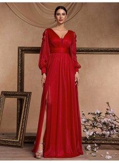 Madam Uniq Long Sleeve Elegant Split Long V-Neck Evening Dress for Women  - Image 5