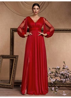 Madam Uniq Long Sleeve Elegant Split Long V-Neck Evening Dress for Women  - Image 1