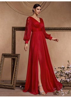 Madam Uniq Long Sleeve Elegant Split Long V-Neck Evening Dress for Women  - Image 4