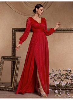 Madam Uniq Long Sleeve Elegant Split Long V-Neck Evening Dress for Women  - Image 3