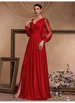 Madam Uniq Long Sleeve Elegant Split Long V-Neck Evening Dress for Women  - Image 2