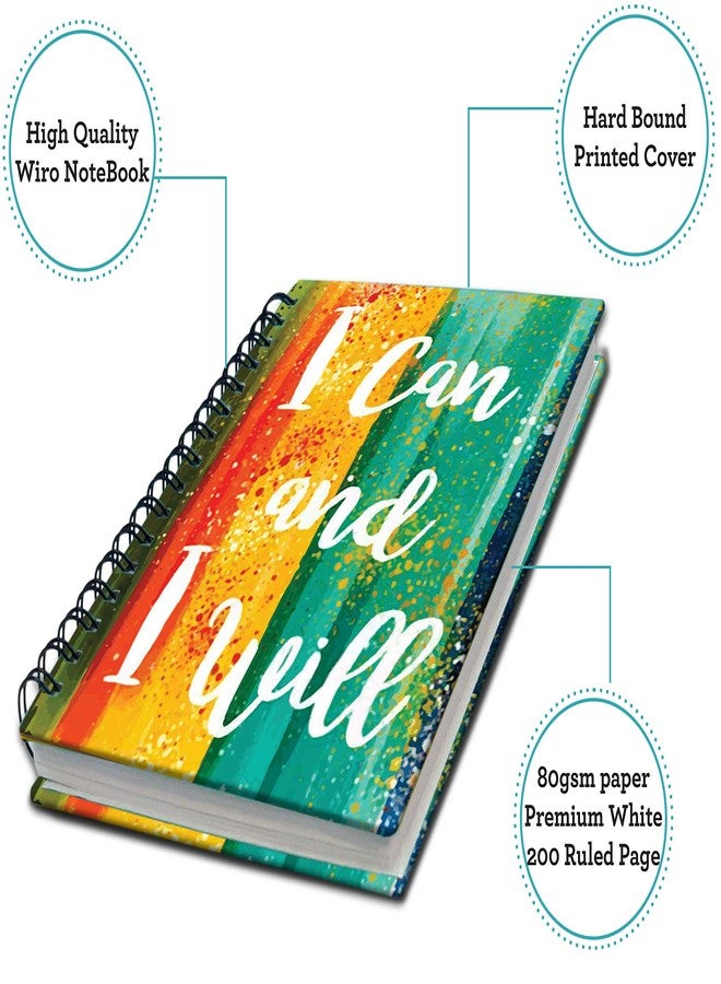 AccuPrints wiro Hard bound A5 (6 by 9 inch) wiro Notebook Diary Ruled 200 pages-80 Gsm Paper Pattern-I Can I will - Image 3