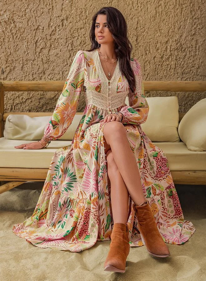Take Two Take Two Floral Print Lace Detail A-Line Maxi Dress