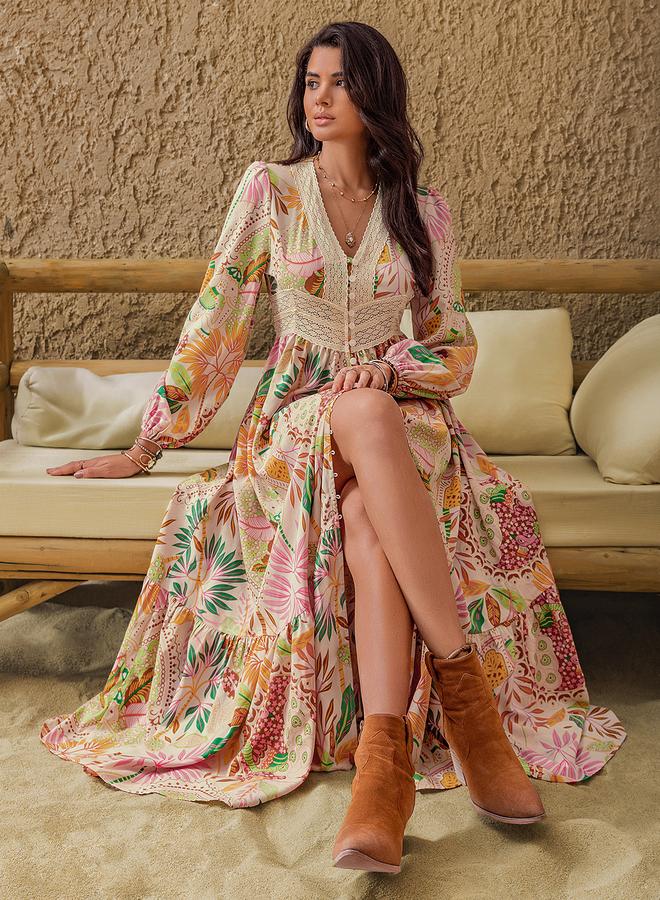 Take Two Floral Print Lace Detail A-Line Maxi Dress - Image 1