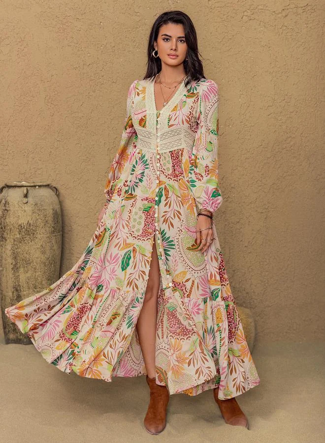 Take Two Take Two Floral Print Lace Detail A-Line Maxi Dress