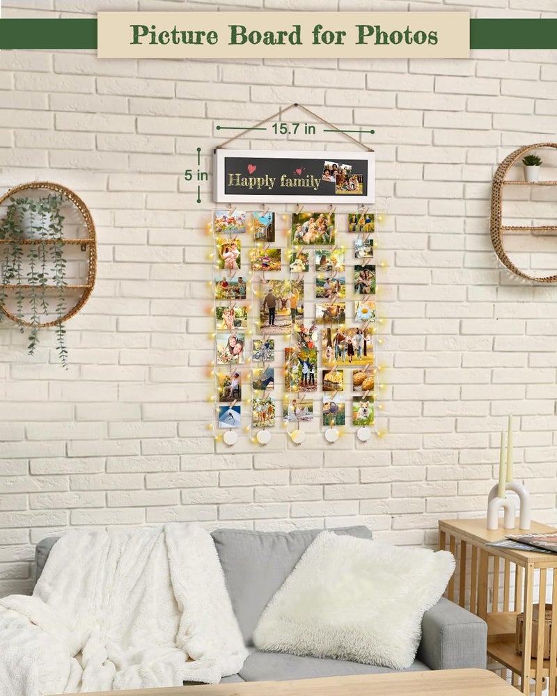 Bikoney Picture Frames Collage Wall Decor Photo Hanging Display Picture Board Wood Rustic Frames for Home Dorm Room Decor with Blackboard and 30 Clips White - Image 2