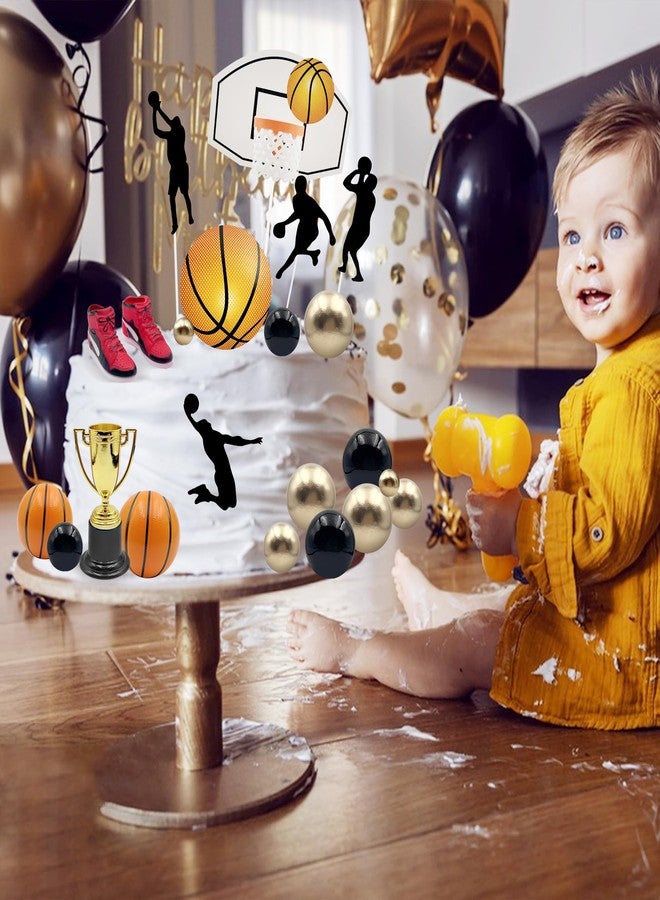 مجموعة فيرليايو لتزيين الكيك (25 قطعة) بتصميم كرة السلة، تتضمن كرات سوداء وذهبية، وزينة للكب كيك، ولافتة "عيد ميلاد سعيد"، مناسبة لحفلات أعياد الميلاد الرياضية للأولاد والرجال. - Image 4